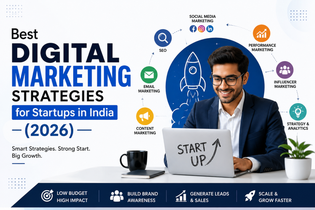 Best Digital Marketing Strategies for Startups in India (2026) with SEO, social media, content marketing, and performance marketing.