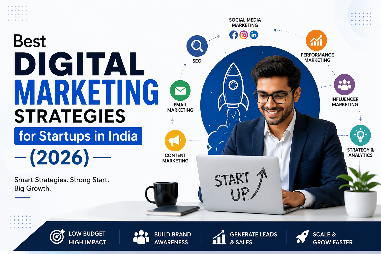 Best digital marketing strategies for startups in India 2026 including SEO, content marketing, email marketing, influencer marketing, performance marketing, and analytics.